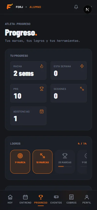 Pantalla de marcas y récords del alumno en la app Forj